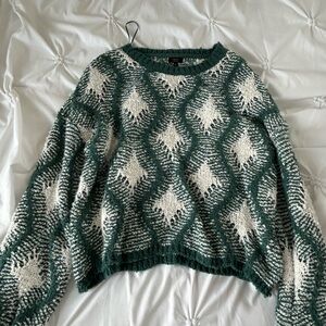 Green and White Geometric Knit Sweater